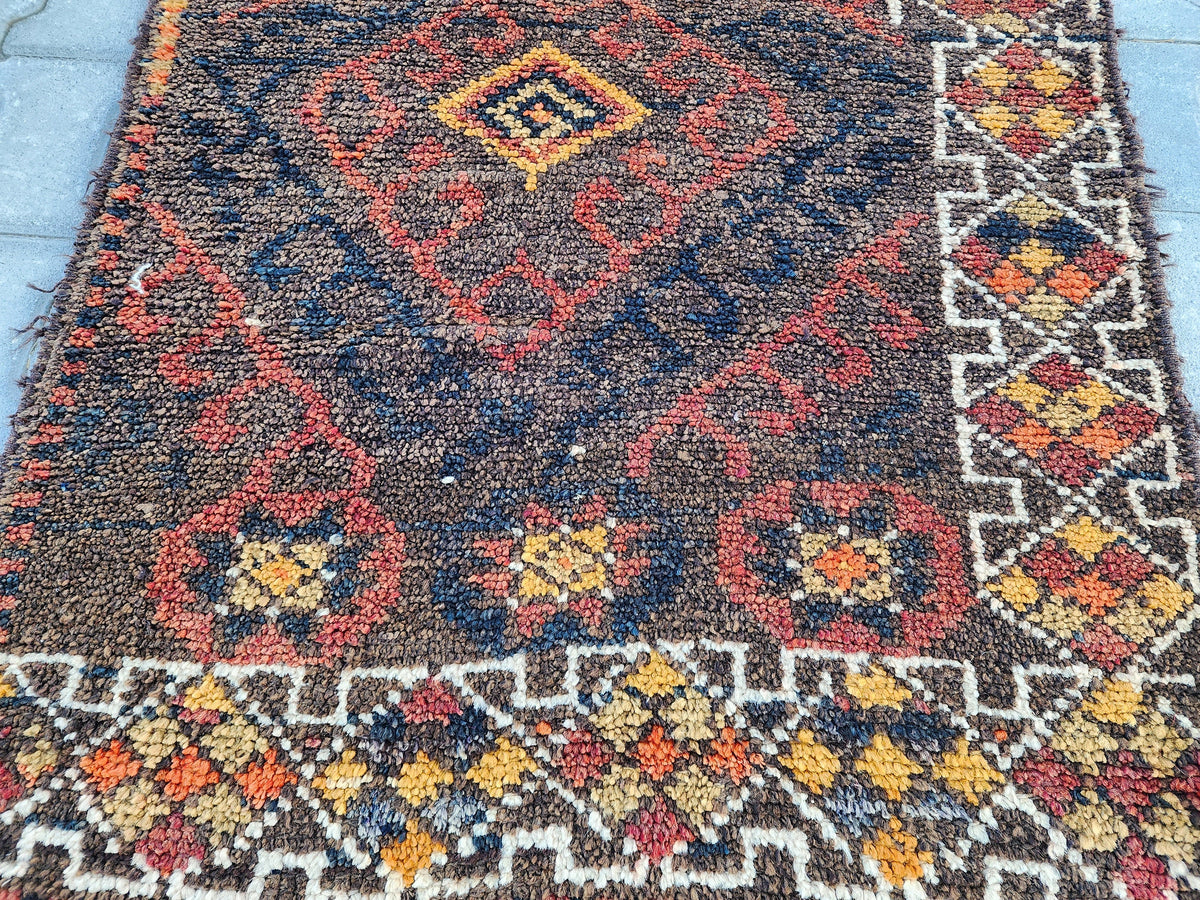 3x9 Vintage Herki Wool Runner Rug: Turkish Bohemian Hallway Rug