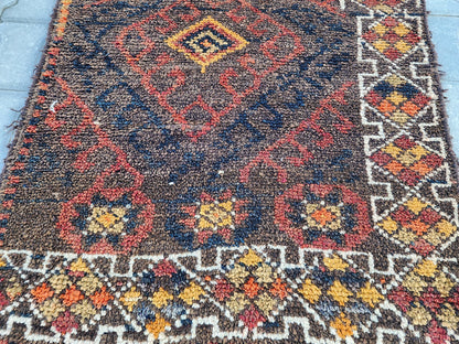 3x9 Vintage Herki Wool Runner Rug: Turkish Bohemian Hallway Rug