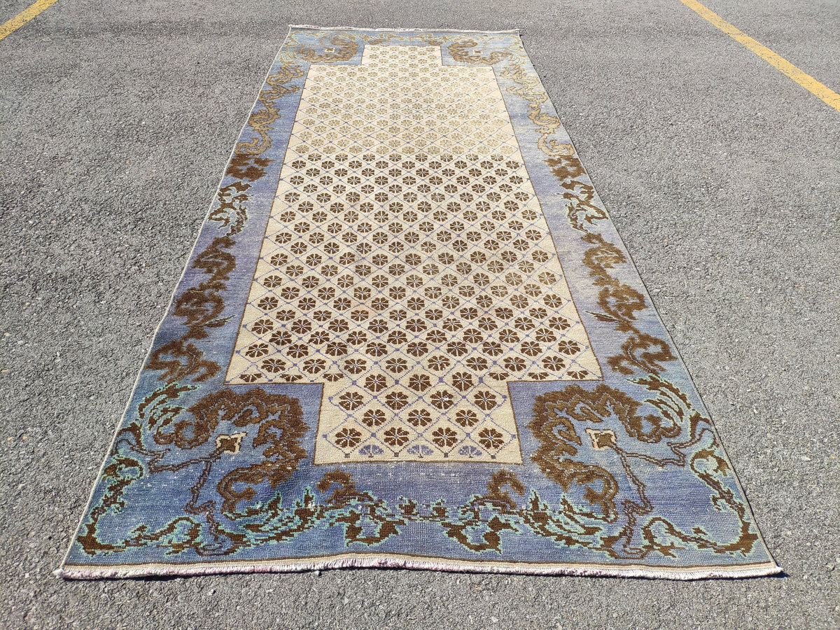 Faded Blue Turkish Runner Rug 4x11: Oriental Hallway Rug