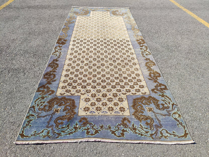 Faded Blue Turkish Runner Rug 4x11: Oriental Hallway Rug