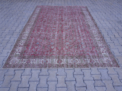 Vintage Turkish Oushak Rug 7x10: Handwoven Wool & Cotton Faded Red Rug