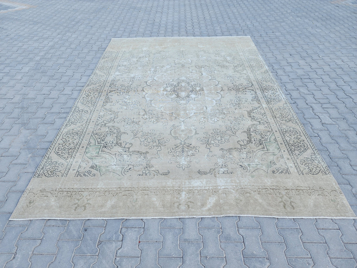 Vintage Oriental Rug 9x12: Beige And Brown Wool, Medallion Persian Border Design, Hand Knotted