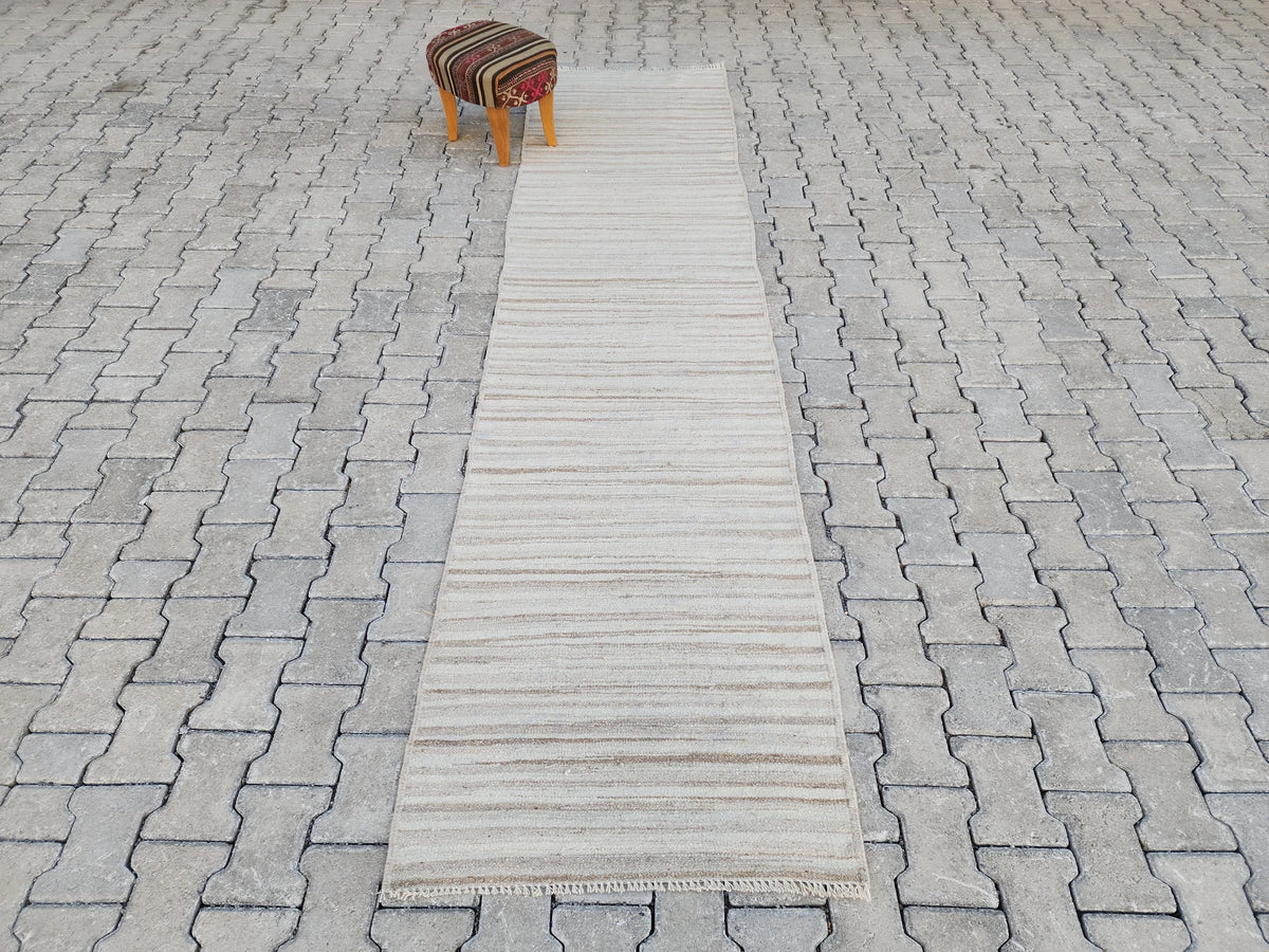 Neutral Turkish Kilim Runner Rug: 2.7x12, Handwoven Wool