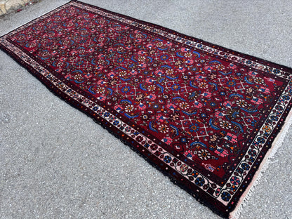 4x9 Oriental Runner Rug: Handwoven Red Wool Hallway with Vintage Floral & Geometric Pattern