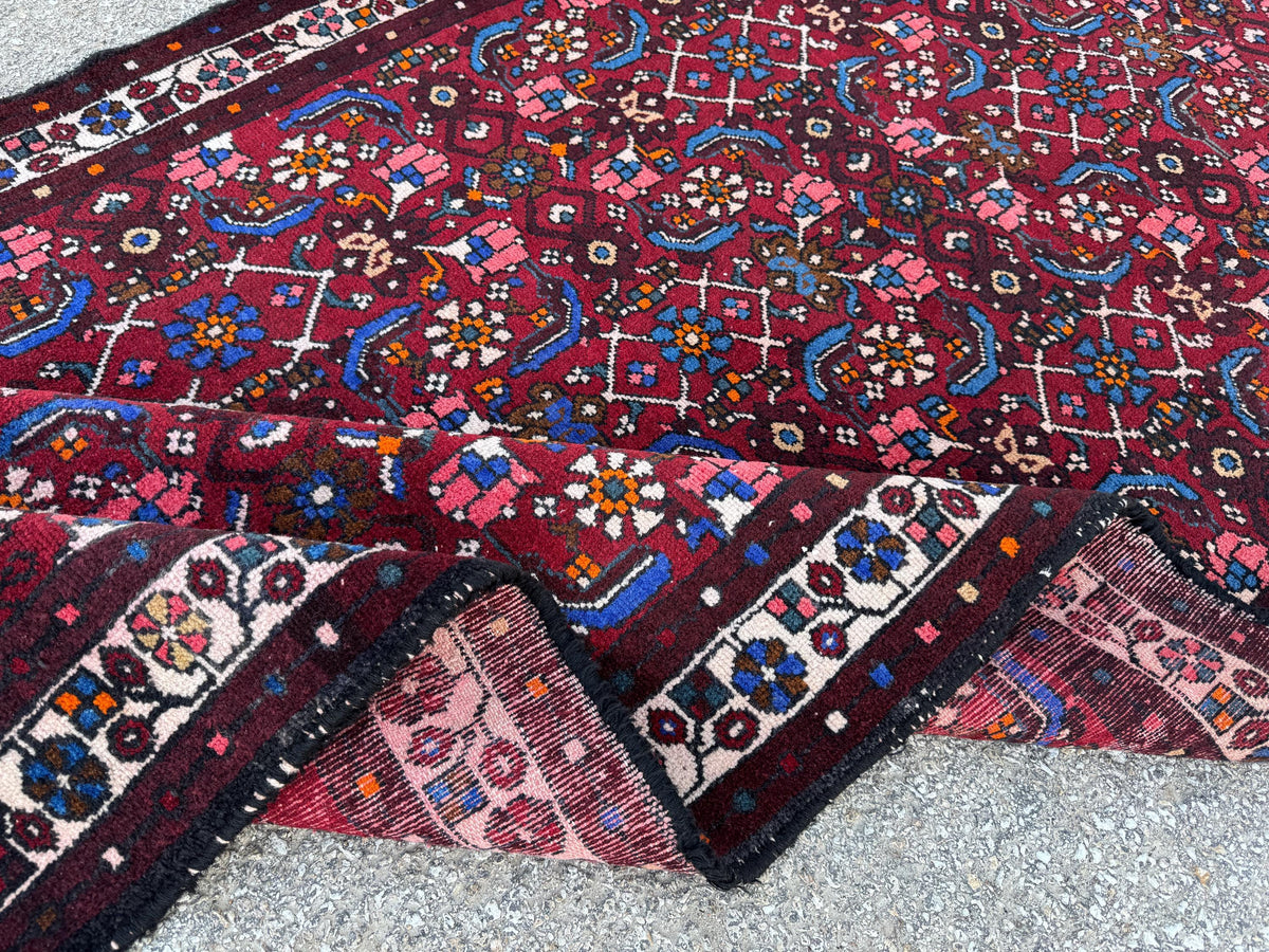 4x9 Oriental Runner Rug: Handwoven Red Wool Hallway with Vintage Floral & Geometric Pattern