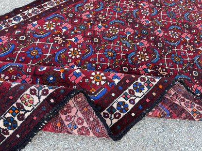 4x9 Oriental Runner Rug: Handwoven Red Wool Hallway with Vintage Floral & Geometric Pattern