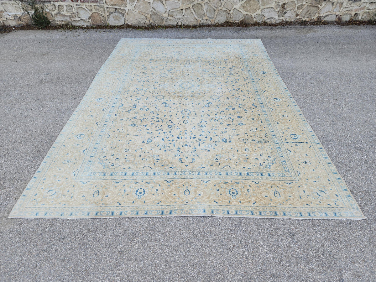 Neutral Blue Wool Area Rug 9x14: Rustic Farmhouse Bohemian Style