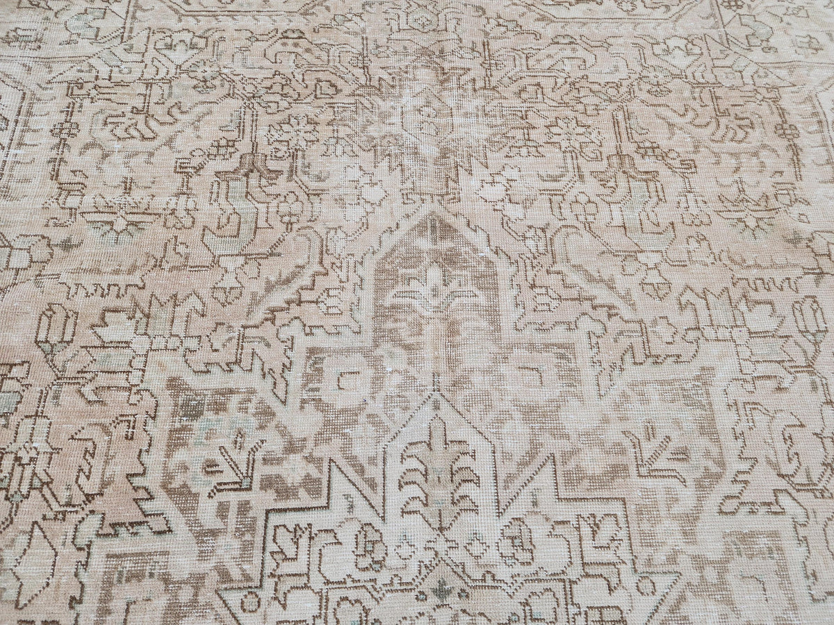 Heriz Neutral Rug 9x12, Hand Knotted Beige And Brown Wool, Living Room Rustic Decor