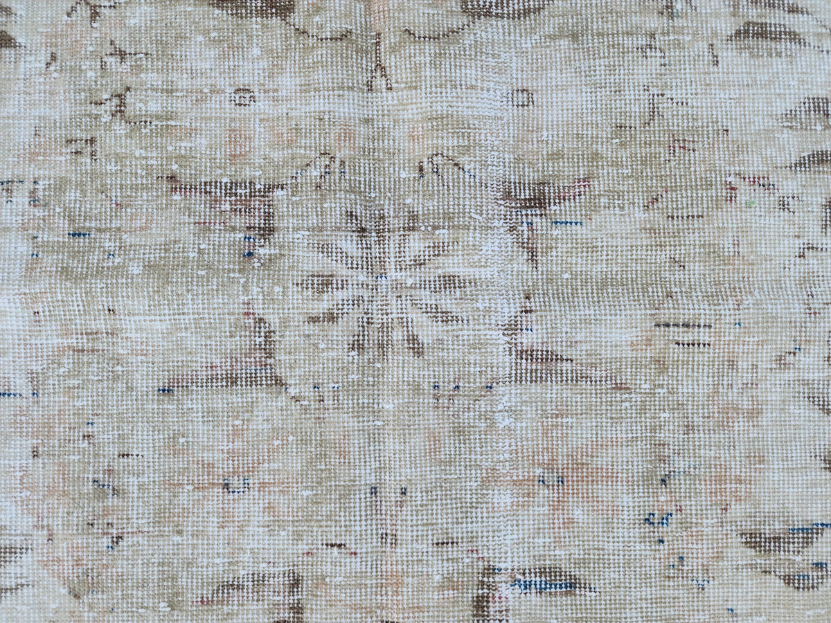 7x10 Hand-Knotted Wool Oushak Rug: Turkish Beige Distressed Carpet