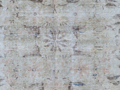 7x10 Hand-Knotted Wool Oushak Rug: Turkish Beige Distressed Carpet