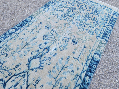 3x10 Boho Rug, Handmade Wool Persian Runner, Blue Floral Boho Hallway Decor