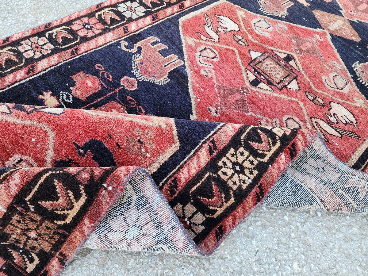 Vintage Wool Runner Rug: Animal Design, Navy Blue and Faded Red