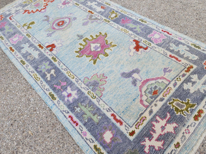 Handwoven 3x6 Oushak Wool Rug: Soft Blue Floral Medallion, Rustic Home Decor