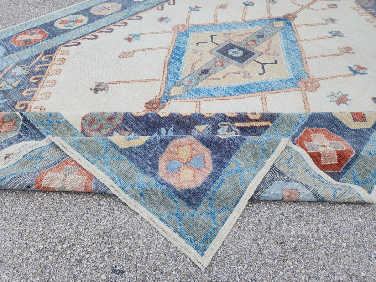 Handwoven Oushak Rug 10x14: Beige & Blue Turkish Wool Rug, Farmhouse Home Decor