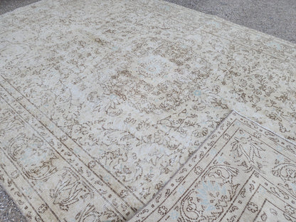 Handwoven Turkish Oushak Rug 7x10: Beige Wool, Rustic Decor