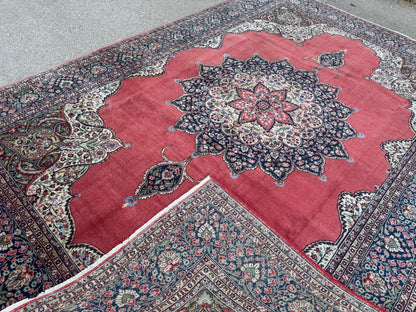 Vintage Area Rug 8x12: Medium Pile Red Wool, Hand Woven