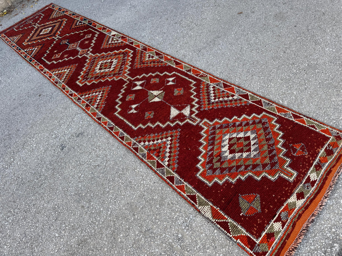 3x13 Long Herki Runner Rug: Vintage Handwoven Wool Orange and Brown Tribal Geometric Design