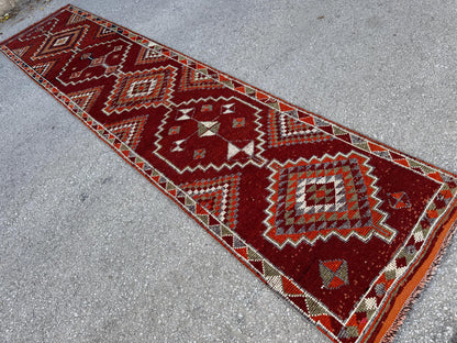 3x13 Long Herki Runner Rug: Vintage Handwoven Wool Orange and Brown Tribal Geometric Design
