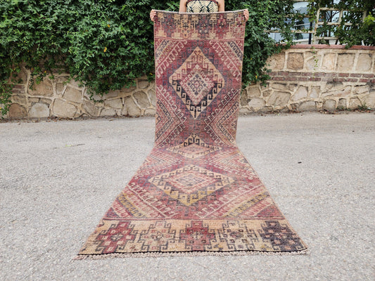 2x9 Vintage Antique Wool Runner Rug, Soft Hand Made Carpet, Hallway Decor