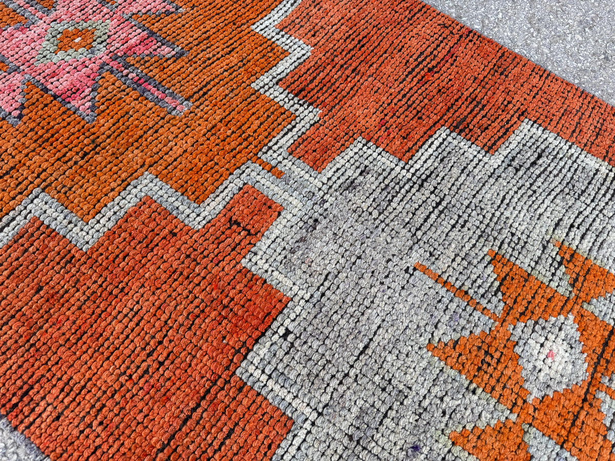 3x12 Oriental Herki Runner: Vintage Handwoven Wool in Burnt Orange & Brown with Geometric Motifs