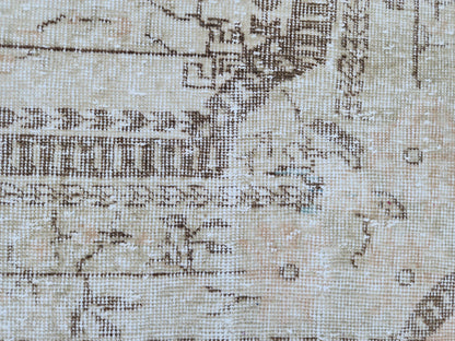 7x10 Hand-Knotted Wool Oushak Rug: Turkish Beige Distressed Carpet