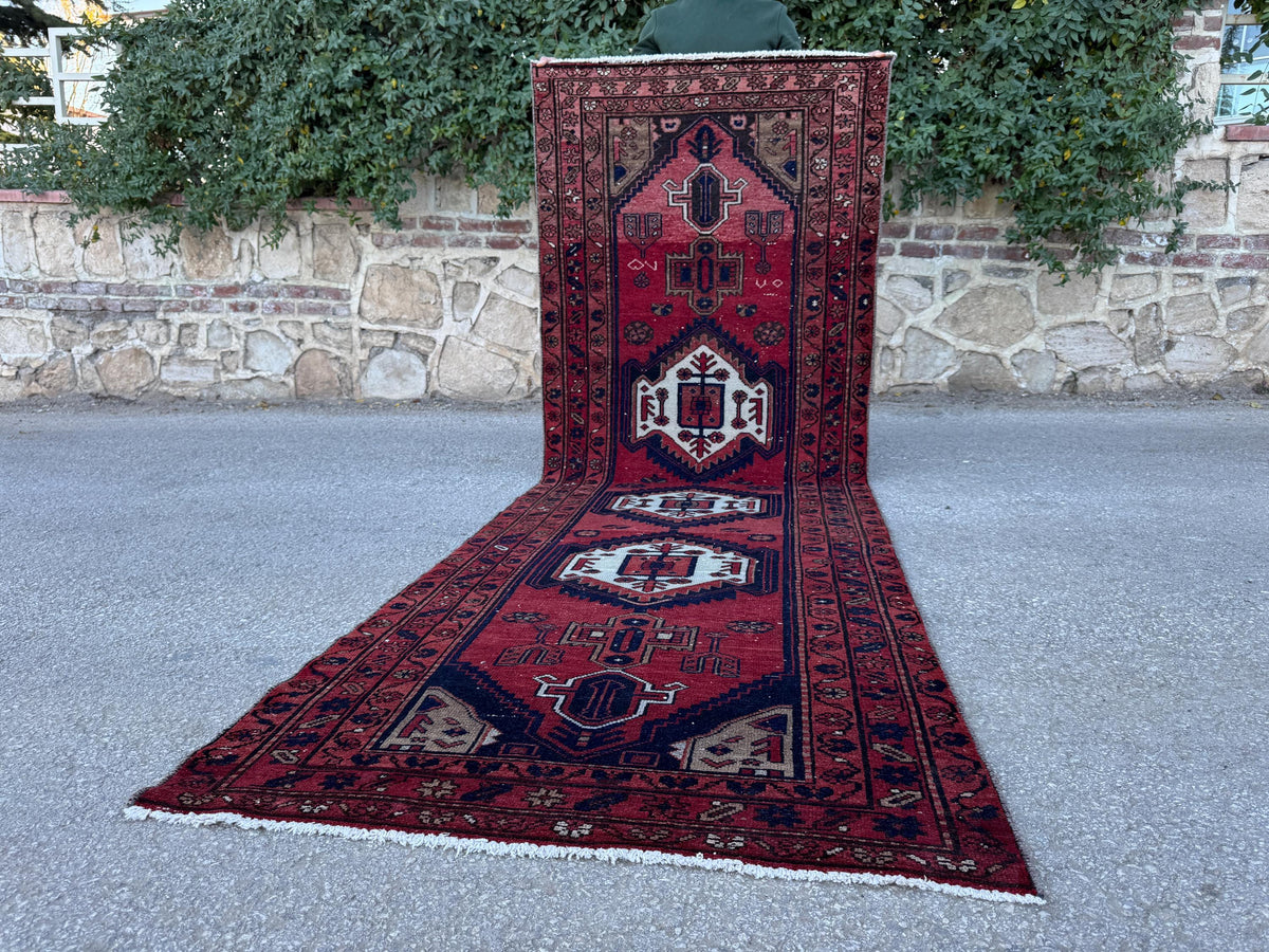 3x10 Geometric Wool Red Runner Rug: Hand Knoteed, Kitchen Decor