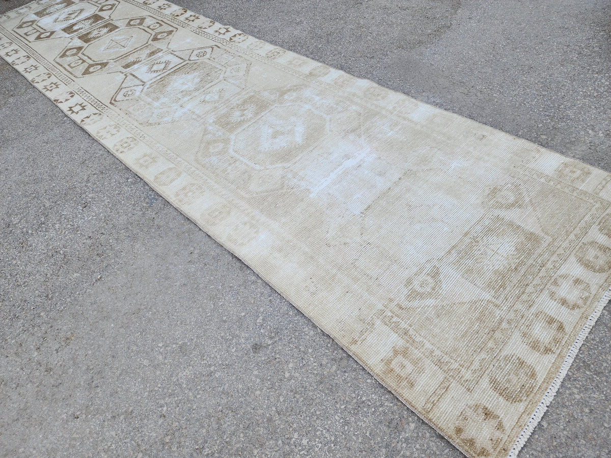 Neutral Geometric Runner Rug 3x13, Bohemian Turkish Hand Made Carpet, Hallway Home Decor