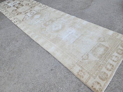 Neutral Geometric Runner Rug 3x13, Bohemian Turkish Hand Made Carpet, Hallway Home Decor