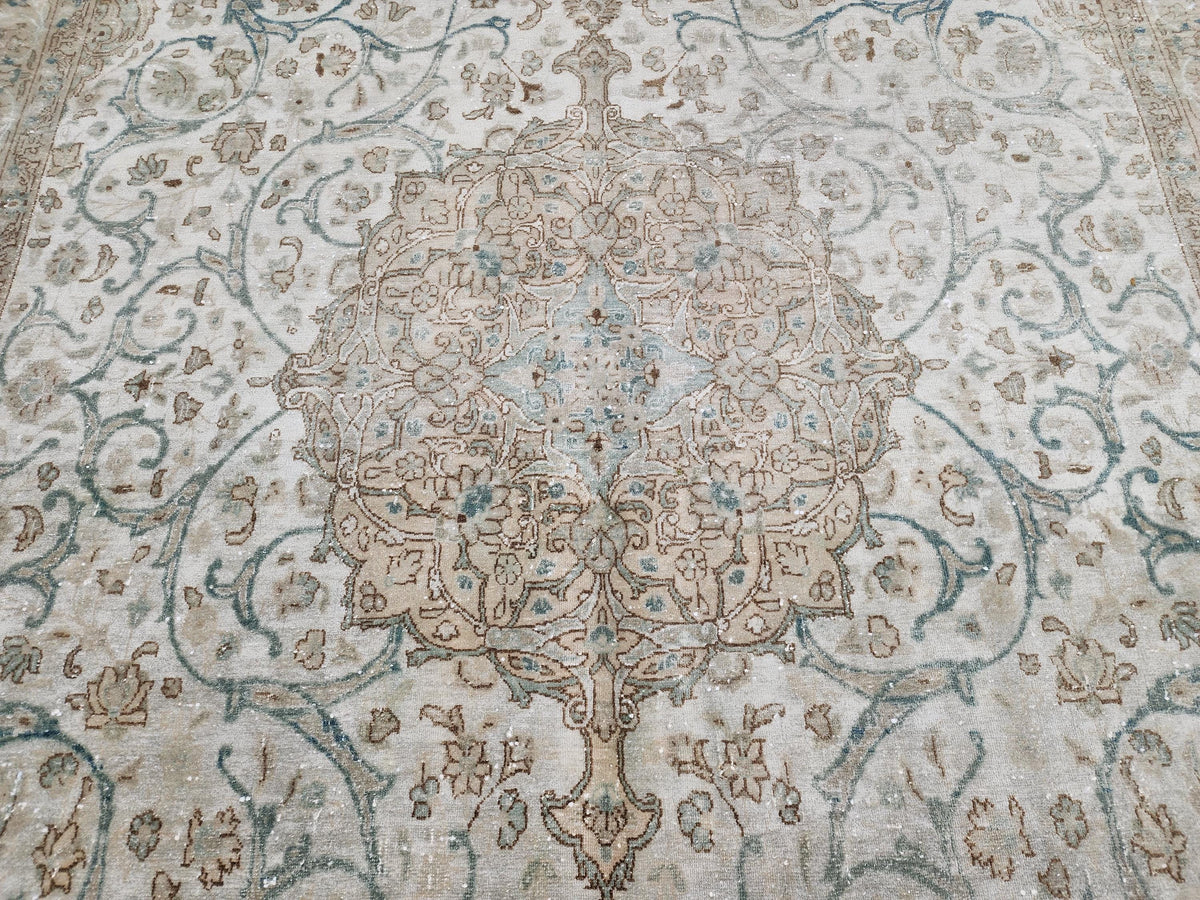 6x11 Neutral Vintage Rug: Green Floral Design Persian Border Design, Hand Knotted