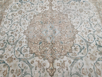 6x11 Neutral Vintage Rug: Green Floral Design Persian Border Design, Hand Knotted