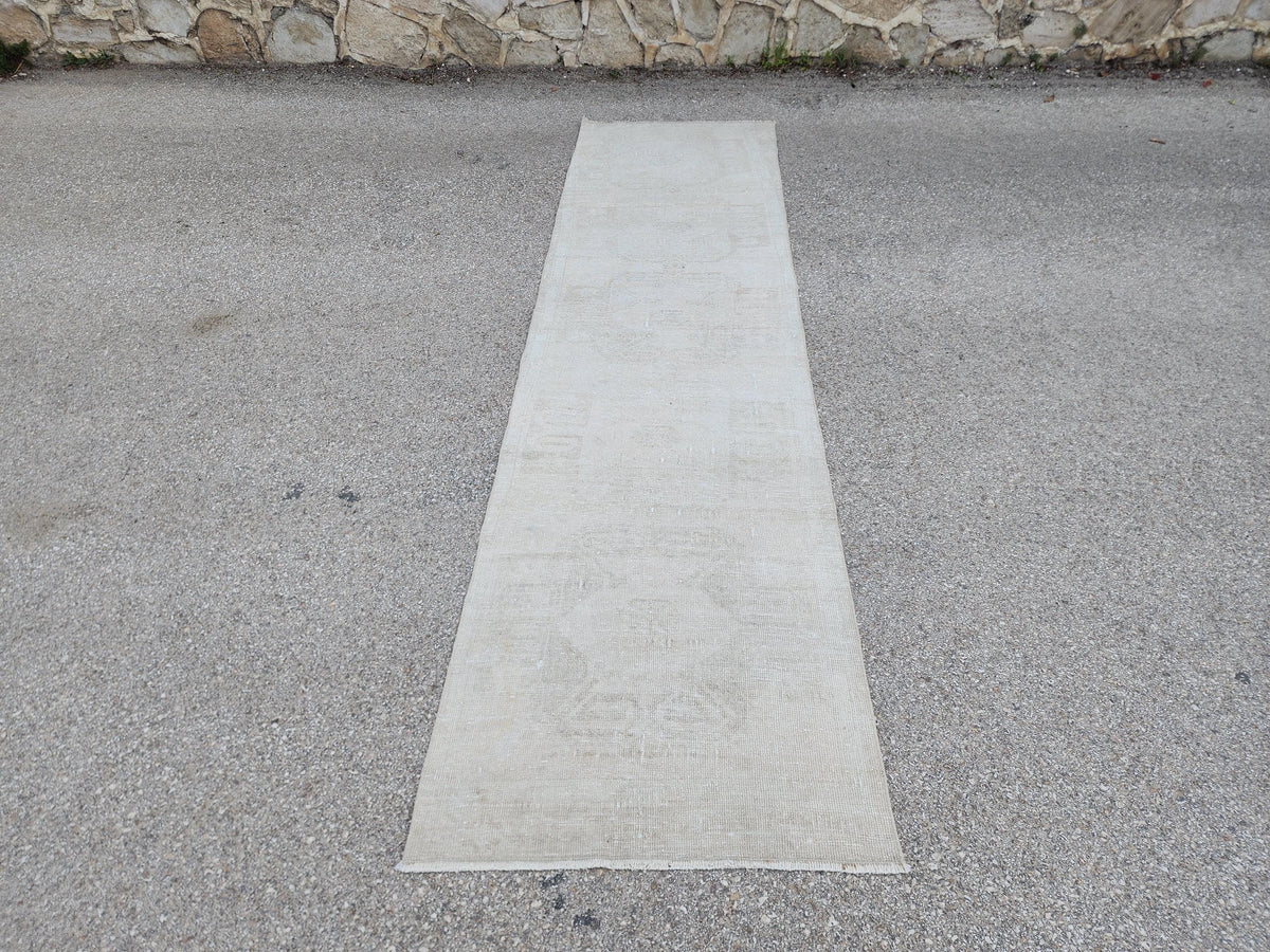 3x12 Neutral Runner Rug, Turkish Beige Wool Hand Made, Hallway Decor