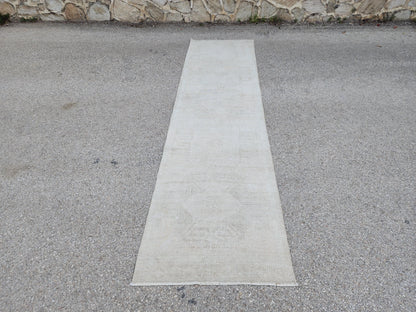 3x12 Neutral Runner Rug, Turkish Beige Wool Hand Made, Hallway Decor