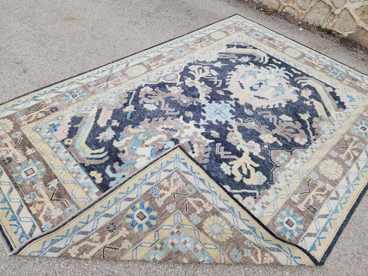 8x11 Navy Blue Oushak Rug: Handwoven Turkish Wool Medallion design, Patina Blue Home Decor