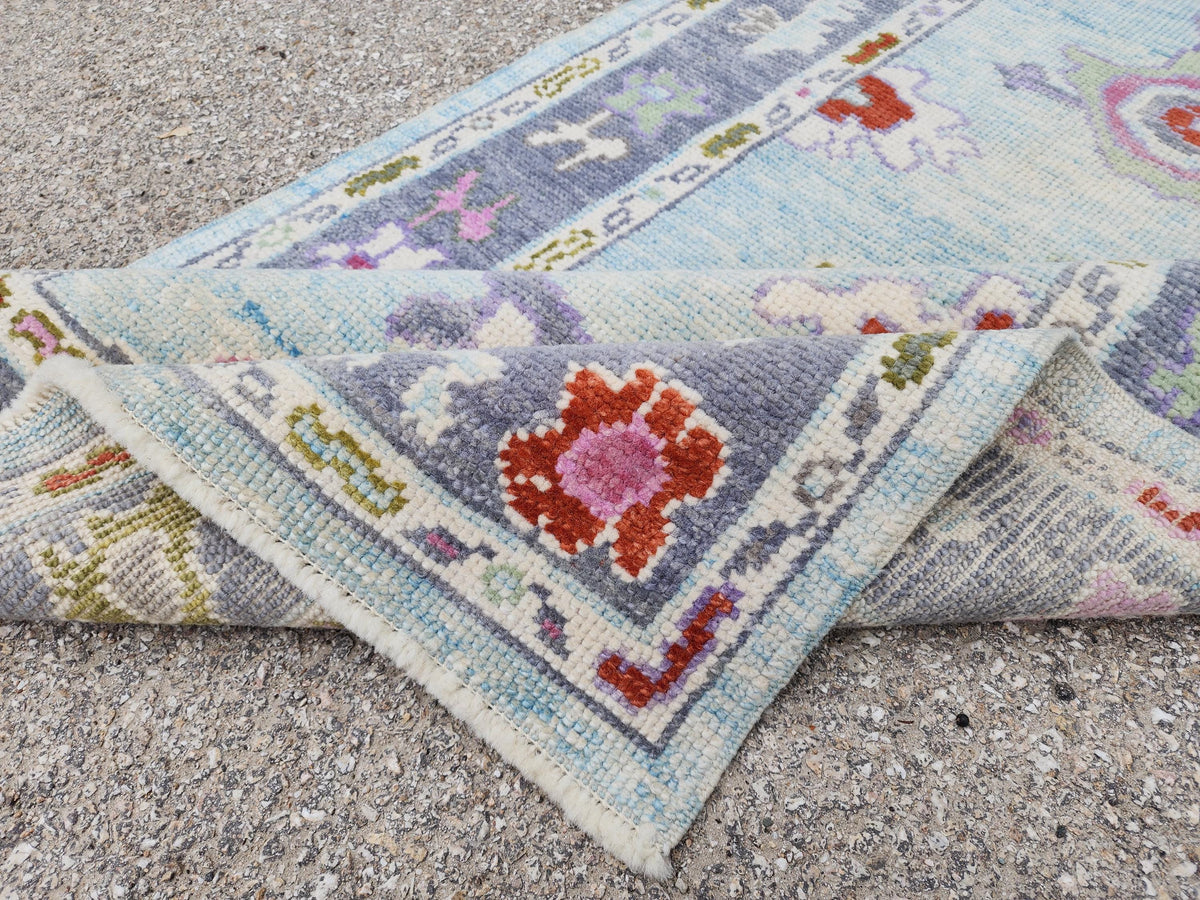Handwoven 3x6 Oushak Wool Rug: Soft Blue Floral Medallion, Rustic Home Decor