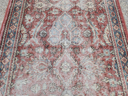 Antique Runner Rug 3x11.5 ft, Turkish Oushak Wool Carpet Faded Red Rug For Living Room Decor