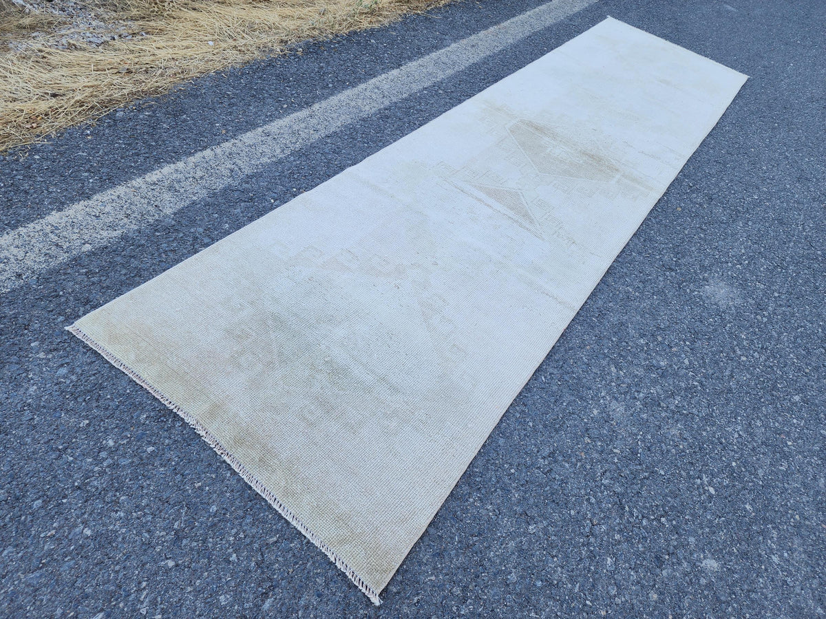 Neutral Vintage Runner Rug 2.7 x 11.3 ft, Turkish Hand Knotted Up Cycled Wool, Eco Friendly