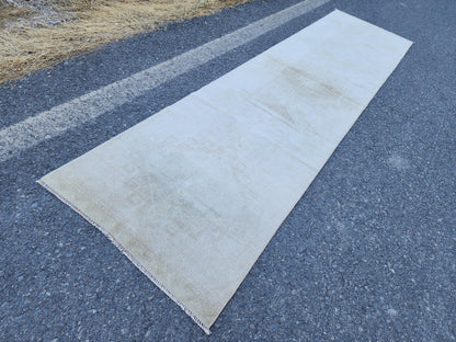 Neutral Vintage Runner Rug 2.7 x 11.3 ft, Turkish Hand Knotted Up Cycled Wool, Eco Friendly