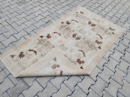 3x6 Vintage Turkish Oushak Rug: Beige Floral Entryway Rug