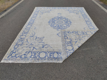 9x13 Blue Medallion Turkish Oushak Rug: Hand-Knotted Wool Vintage Rug