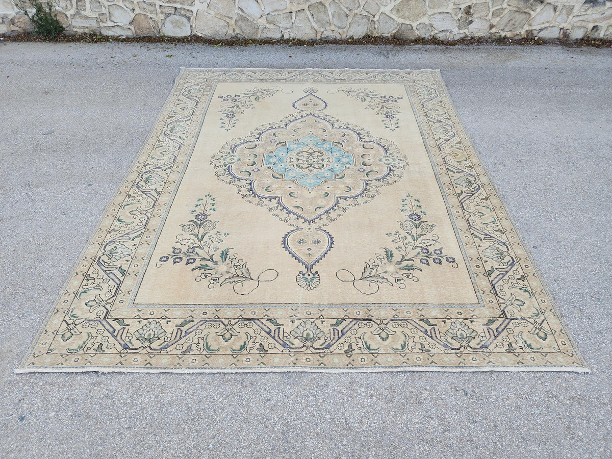 Hand Knotted Wool Area Rug 9x12: Blue Medallion and Beige Vintage Farmhouse Rug
