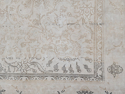 Beige Vintage Rug, 9×12, Hand-Knotted Oriental, Traditional Turkish Living Room Carpet