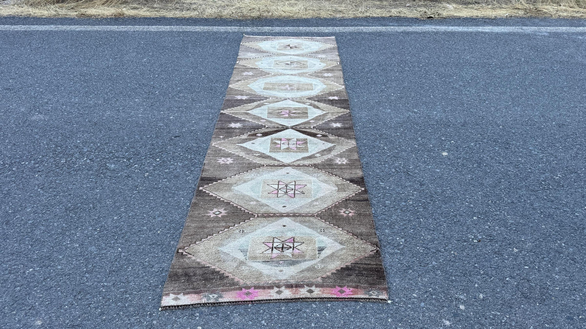3x11 Wool Neutral Runner Rug, Hand Knotted Turkish Decor, Kitchen Decor