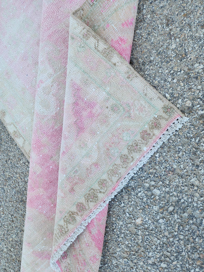 3x9 Boho Runner Rug, Powder Pink Wool Hand Made, Kitchen Rustic Decor
