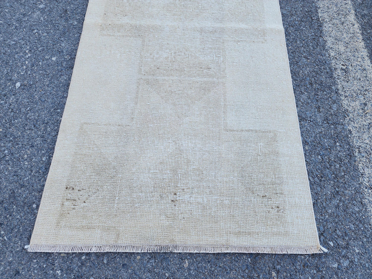 Hand Made Runner Rug 2.7 x 11.4 ft, Turkish Neutral Muted Wool Runner, Kitchen Runner