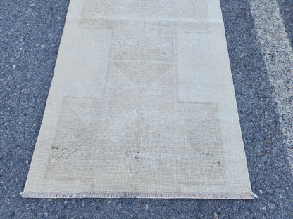 Hand Made Runner Rug 2.7 x 11.4 ft, Turkish Neutral Muted Wool Runner, Kitchen Runner