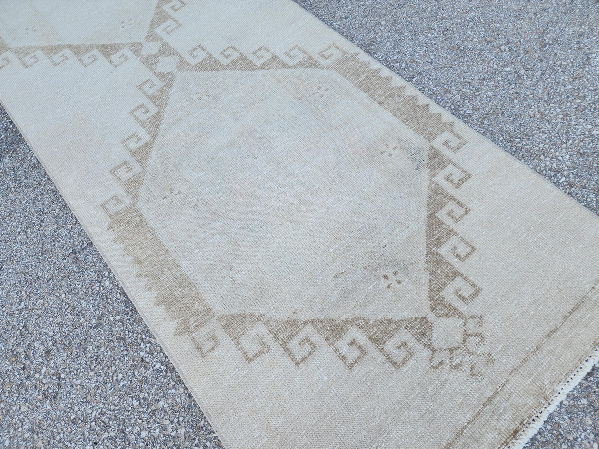 3x14 Neutral Hand-Knotted Turkish Runner Rug, Wool Hallway & Entryway Rug, Rustic Decor