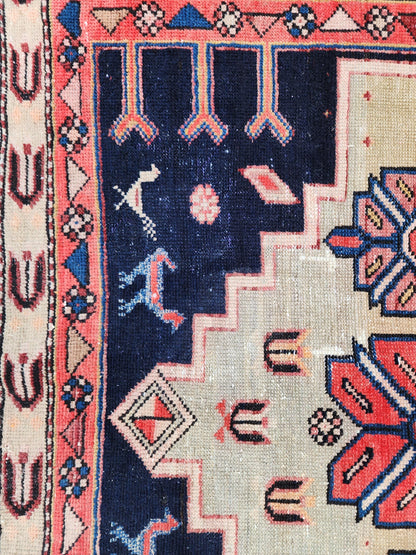 3.7x9.7 Vintage Caucasian Runner Rug, 1950s Handwoven Wool Carpet, Animal Motif Navy Red Tribal Design