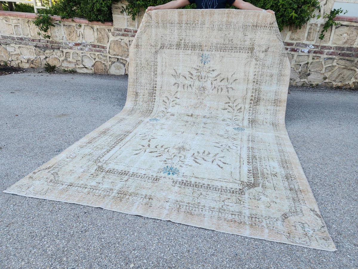 7x10 Hand-Knotted Wool Oushak Rug: Turkish Beige Distressed Carpet