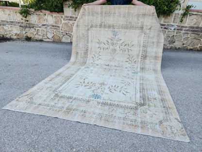 7x10 Hand-Knotted Wool Oushak Rug: Turkish Beige Distressed Carpet