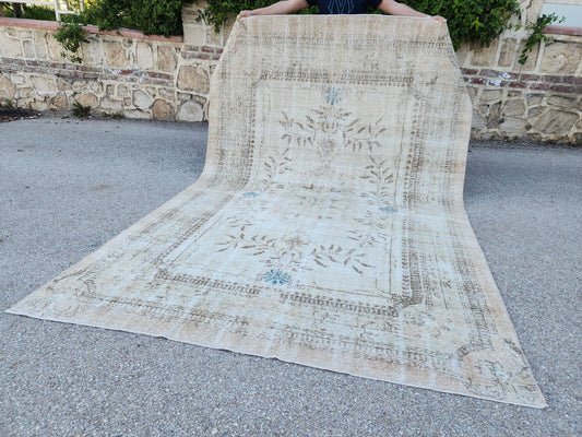7x10 Hand-Knotted Wool Oushak Rug: Turkish Beige Distressed Carpet